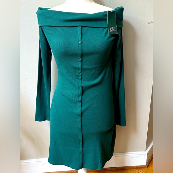 Wild Fable Long Sleeve Off Shoulder Ribbed Bodycon Mini Dress Medium Green NWT - Picture 1 of 11